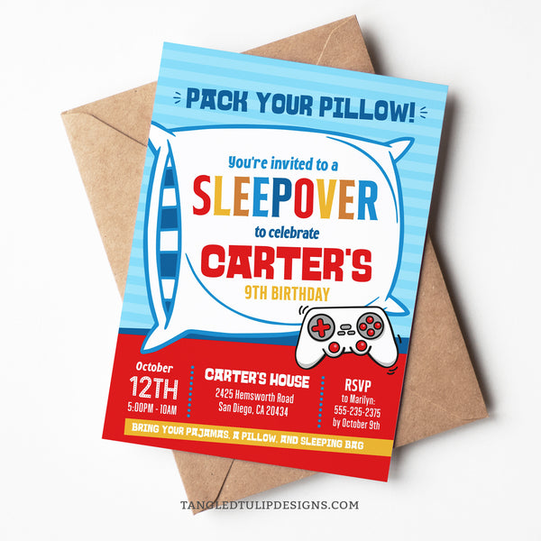 A Sleepover and gaming party invitation for boys. Get ready for an action-filled sleepover party with this birthday invite featuring a big pillow and games controller. Template to Edit in Corjl. By Tangled Tulip Designs.