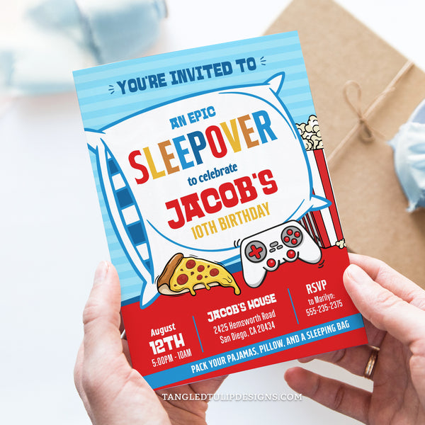 A Sleepover party invitation for boys. Get ready for gaming, pizza and popcorn at an epic sleepover! Invitation template to edit in Corjl. By Tangled Tulip Designs.