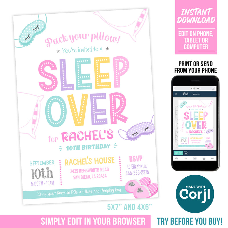 Sleepover Party Invite for Girls. EDITABLE Slumber Birthday Party Invitation. Pillows. Eye Masks. Slippers SLE1