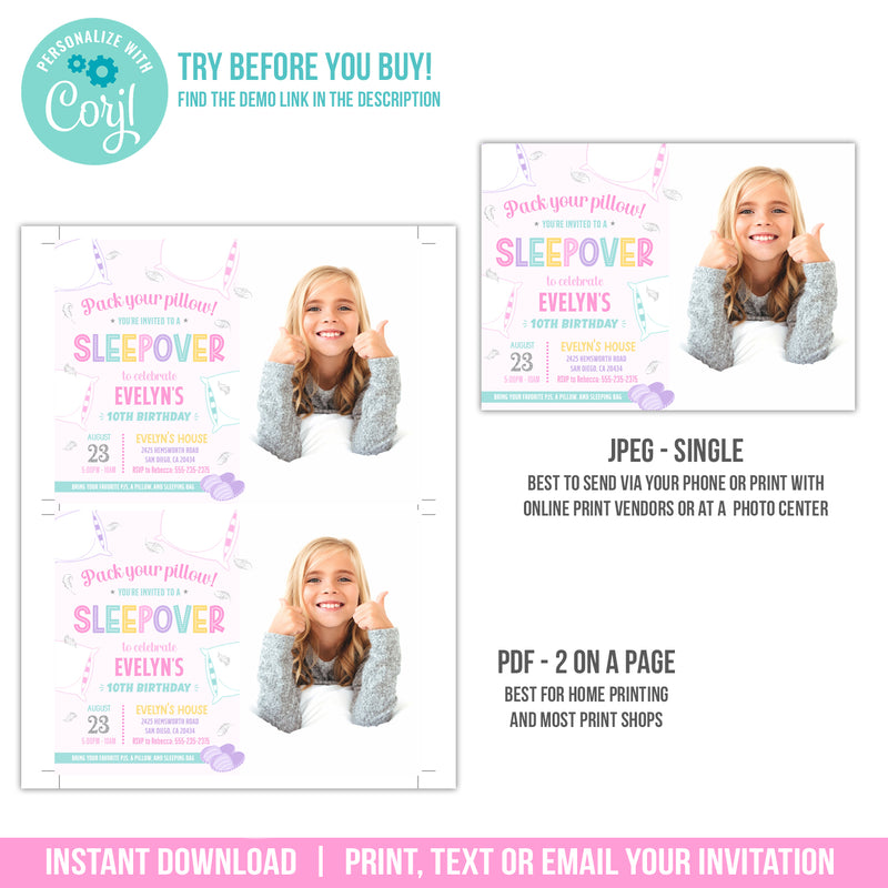 Sleepover Party Invite with photo. Editable Pillow Fight Birthday Invitation. Girls Slumber Party