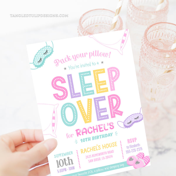 Sleepover party invitation is designed just for girls. Soft pastel tones create a dreamy backdrop, with plush pillows, cozy eye masks, and snuggly slippers. This editable invitation sets the scene for an unforgettable sleepover party. Pack your pillows, girls! Tangled Tulip Designs - Birthday Invitations