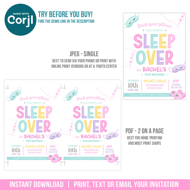 Sleepover Party Invite for Girls. EDITABLE Slumber Birthday Party Invitation. Pillows. Eye Masks. Slippers SLE1