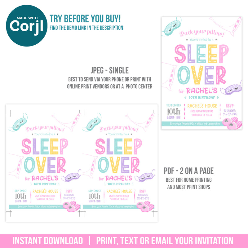 Sleepover Party Invite for Girls. Editable Slumber Birthday Party Invitation