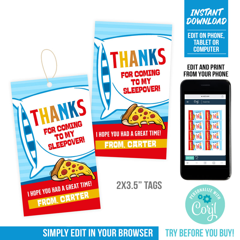 Sleepover and Pizza Party Tags for Boys - Editable Template