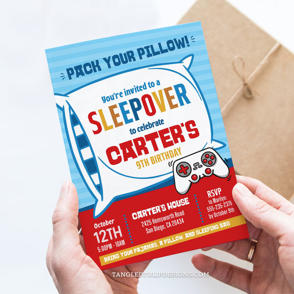 A Sleepover and gaming party invitation for boys. Get ready for an action-filled sleepover party with this birthday invite featuring a big pillow and games controller. Template to Edit in Corjl. By Tangled Tulip Designs.