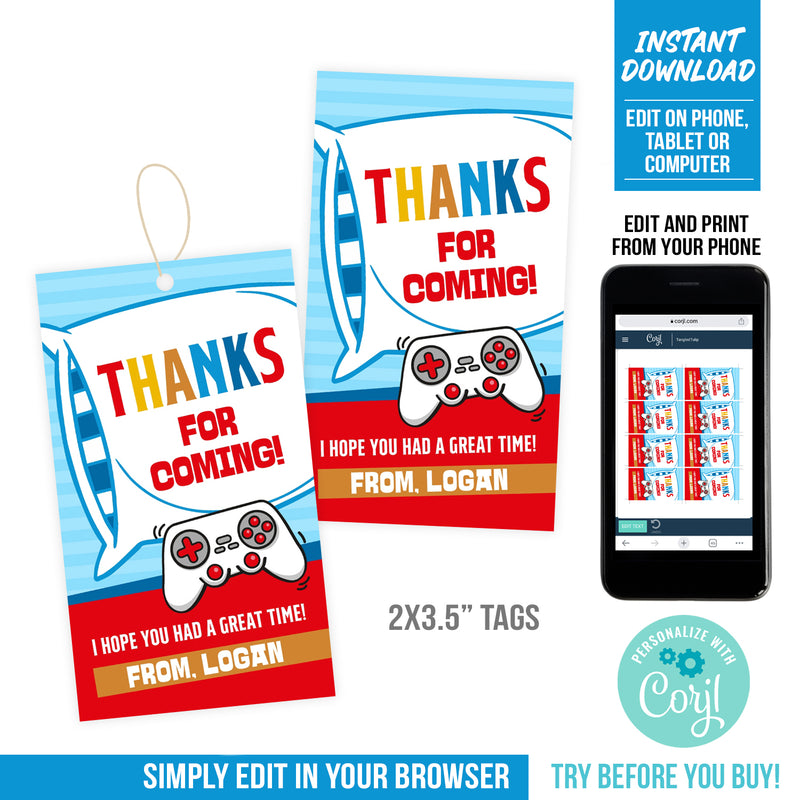 Sleepover and Gaming Party Tags for Boys. Editable Template
