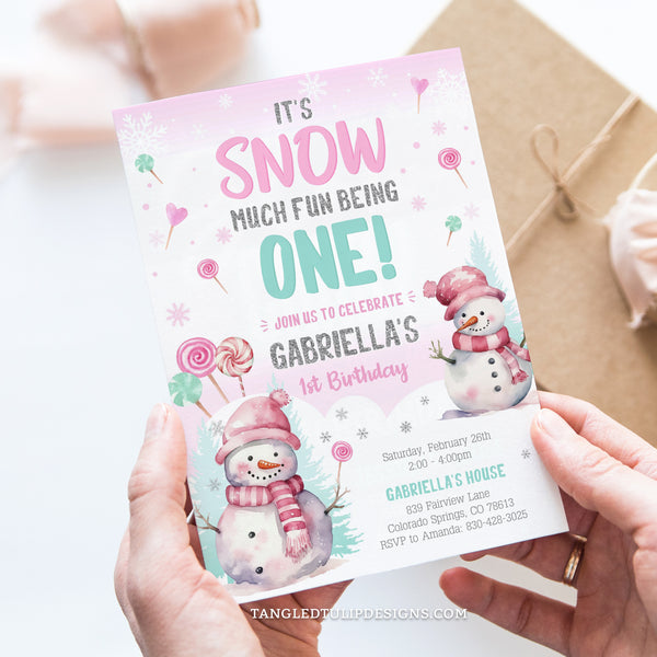 Editable First Birthday Invitation in a pretty Winter Theme. It's Snow Much Fun Being One! Celebrate her 1st Birthday with this cute snowman party invite, with glitter sliver snowflakes.  