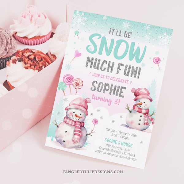 Winter theme snowman birthday invitation for girls, with cute snowmen, snowflakes and candy lollipops in the snow. Glitter silver accents. It'll be snow much fun! Tangled Tulip Designs - Birthday Invitations