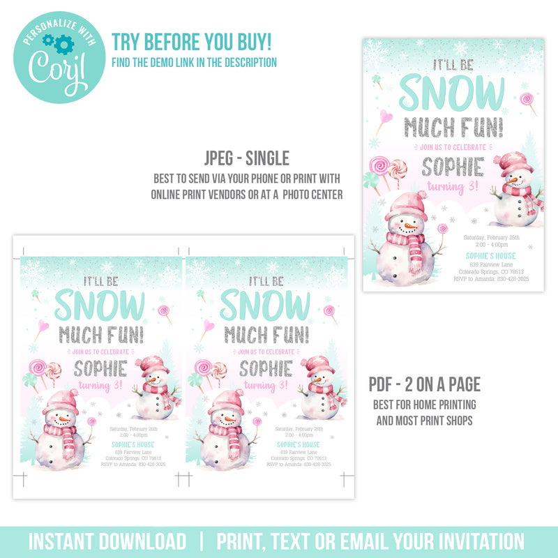 Winter Snowman Birthday Invitation Template. Snow Much Fun Editable Party Invite