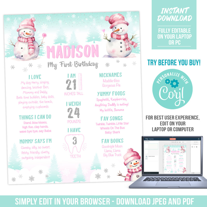 First Birthday Milestones Template Winter Theme Snowman