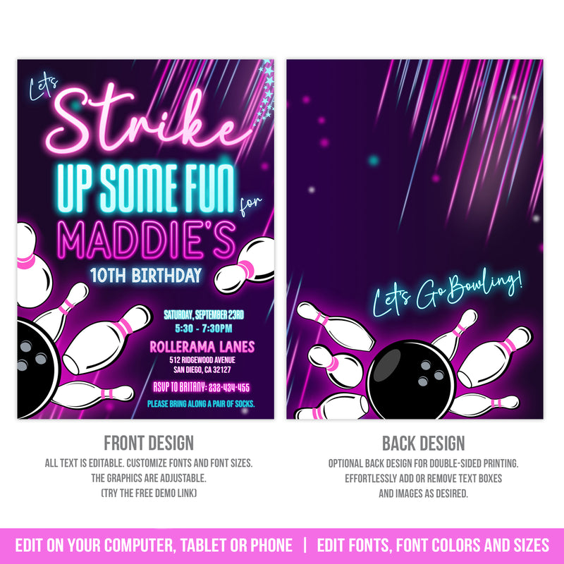 Editable Bowling Party Invite, Girl Neon Glow Bowling Birthday Invitation Template