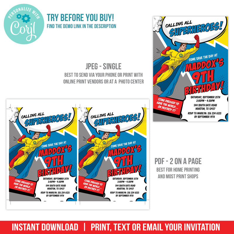 Editable Superhero Party Invitation, Calling All Superheroes Boy Comic Digital Birthday Invite