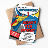 This editable Superhero party invitation features a vibrant comic style design. Calling all Superheroes to save the day on his birthday.