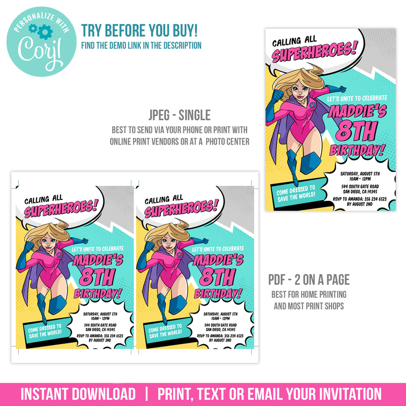 Editable Girl Superhero Birthday Invitation for a Supergirl Party