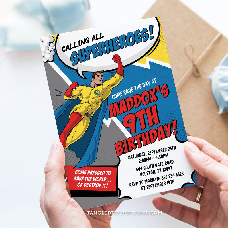 This editable Superhero party invitation features a vibrant comic style design. Calling all Superheroes to save the day on his birthday.