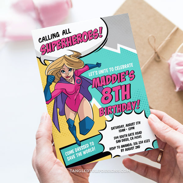 This editable girl Superhero birthday invitation features a vibrant comic book style design and Supergirl calling her friends to unite for a party.