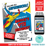 Editable Superhero Party Invitation, Calling All Superheroes Boy Comic Digital Birthday Invite