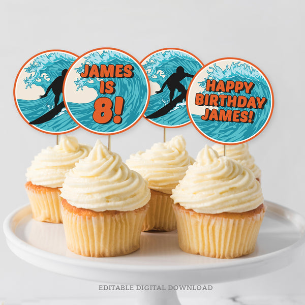 These surfing cupcake toppers feature a more vintage look with a surfer catching a huge wave. Edit the text for a personalized surfing party cupcake topper. Instant Download and Editable in Corjl. By Tangled Tulip Designs.