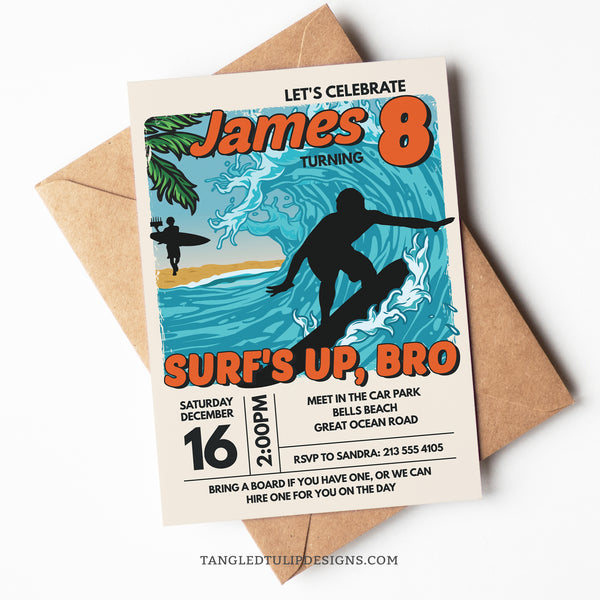 A surfing birthday invitation with a vintage look. Featuring a surfer catching a huge wave, and another walking down the beach with the birthday cake. Surf's Up, Bro. Tangled Tulip Designs - Birthday Invitations