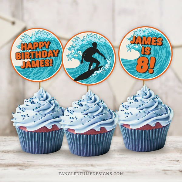 These surfing cupcake toppers feature a more vintage look with a surfer catching a huge wave. Edit the text for a personalized surfing party cupcake topper. Instant Download and Editable in Corjl. By Tangled Tulip Designs.