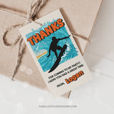 Editable surfing birthday Thank You tags with a vintage look, featuring a surfer catching a huge wave. The perfect addition to surfing party decorations for boys. Surfs up!