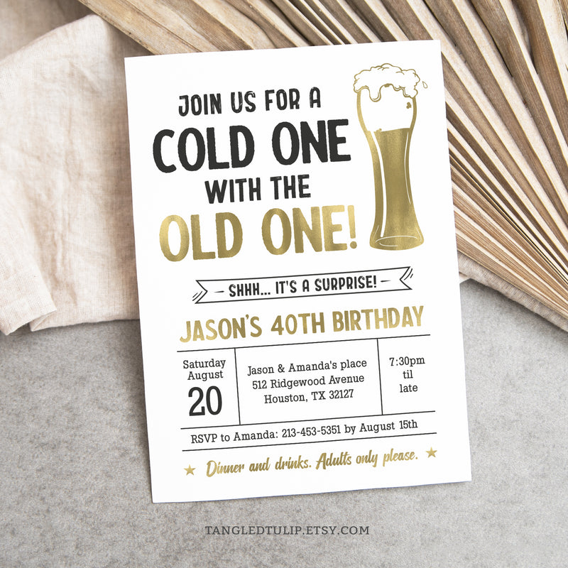 Editable Surprise 40th Birthday Invitation for a Man, Beers Cold One for the Old One Digital Invite