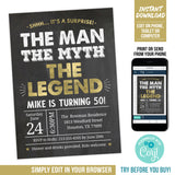 Editable Surprise 50th Birthday Invitation Template for The Man The Myth The Legend