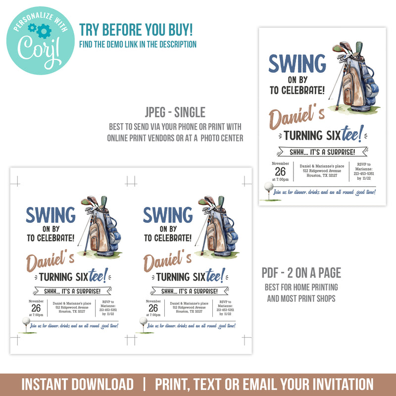 Editable Golf Surprise 60th Birthday Invitation for a man, Golf Theme Party Digital Invite