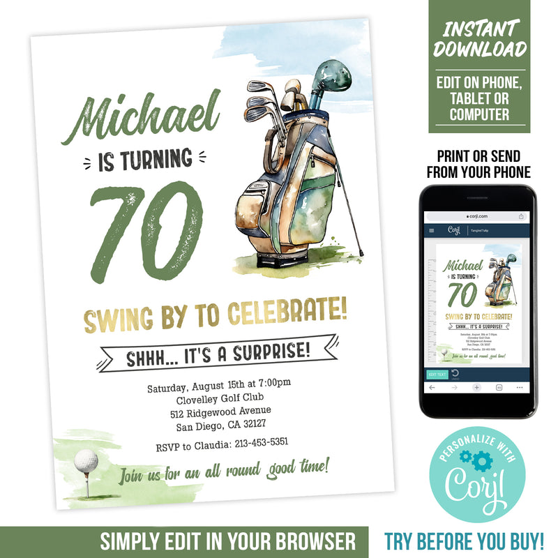 Editable Golfer 70th Birthday Invitation for a man, Golf theme Surprise Party Digital Invite