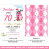 Editable Golfer 70th Birthday Invitation, Woman Golf Theme Surprise Party Invite, Pink