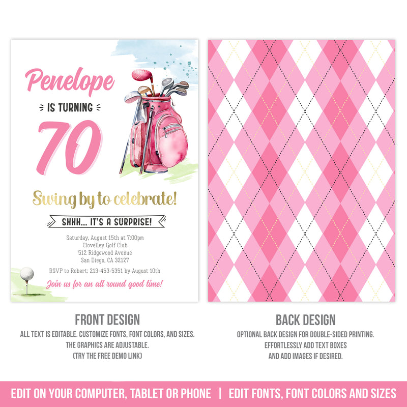 Editable Golfer 70th Birthday Invitation, Woman Golf Theme Surprise Party Invite, Pink