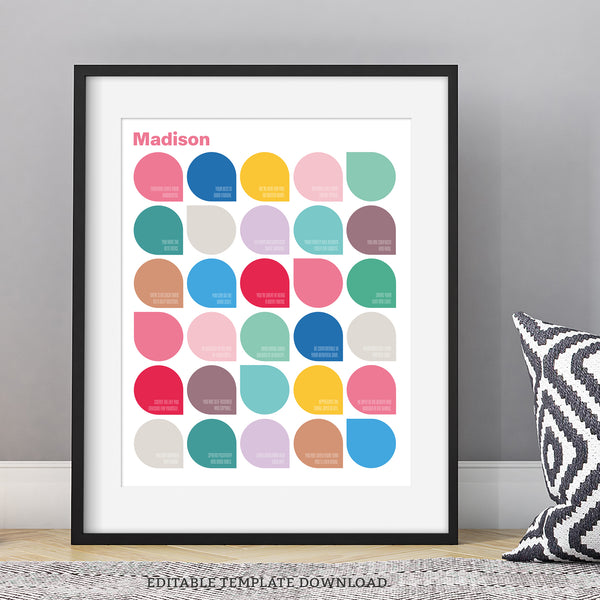 A modern, geometric Affirmations printable poster, perfect for adults, teenagers or kids. Support Mental Health with this personalized Affirmations template. By Tangled Tulip Designs.