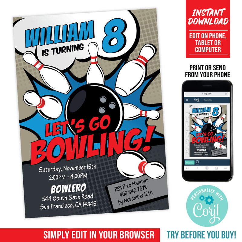 Editable Bowling Birthday Invitation for Boys, Tenpin Bowling Party Digital Invite