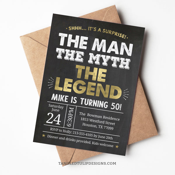 A Surprise 50th Birthday invitation for The Man, The Myth, The Legend. Gold and white on a classic chalkboard background. Editable party invite. Edit in Corjl. By Tangled Tulip Designs.