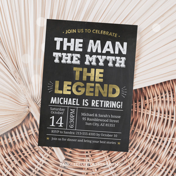 The Man The Myth The Legend is Retiring - Editable Retirement Invitation. Instant Download and Editable in Corjl. By Tangled Tulip Designs.