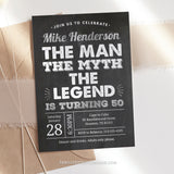 Celebrate his milestone 50th birthday - The Man, The Myth, The Legend! This silver and white invitation against a chalkboard effect background sets the perfect tone for a legendary celebration! Suitable for any age. Tangled Tulip Designs - Birthday Invitations