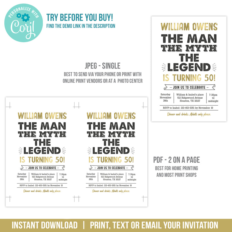 The Man, The Myth, The Legend 50th Birthday Invitation Template