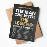 A 60th Birthday invitation for The Man The Myth The Legend birthday party. A classic gold and white color scheme on a chalkboard effect background. Suitable for any age. Instant Download and Editable in Corjl. By Tangled Tulip Designs.