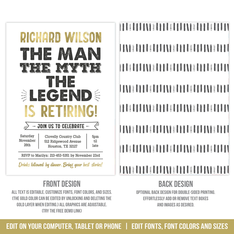 Editable Retirement Party Invitation Template for The Man, The Myth, The Legend, Digital Invite