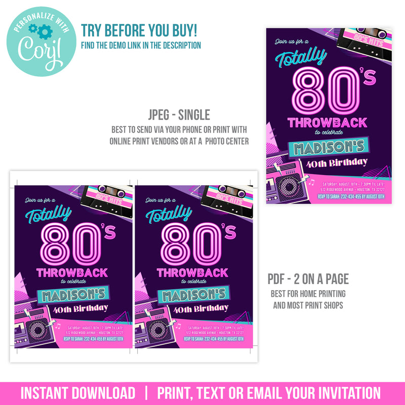 Editable 80s Party Invitation for a woman, 80s Throwback Digital Invite