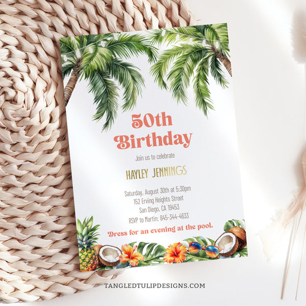 A vibrant Tropical 50th Birthday invitation template. The design features palm trees and lush tropical fruits and flowers. 