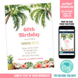 Editable Tropical 60th Birthday Invitation for a Woman with Palm Trees, Digital Party Invite