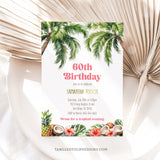 A pretty Tropical 60th Birthday invitation template, suitable for any age woman. With palm trees and lush tropical fruits and flowers, and gold accents. Template to Edit in Corjl. By Tangled Tulip Designs.