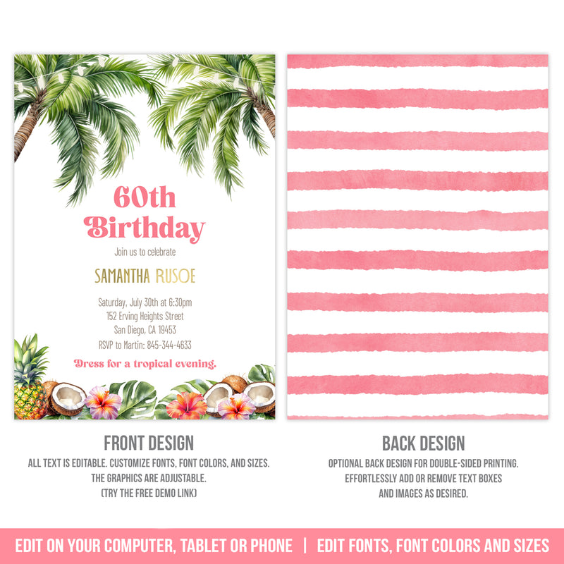 Editable Tropical 60th Birthday Invitation for a Woman with Palm Trees, Digital Party Invite