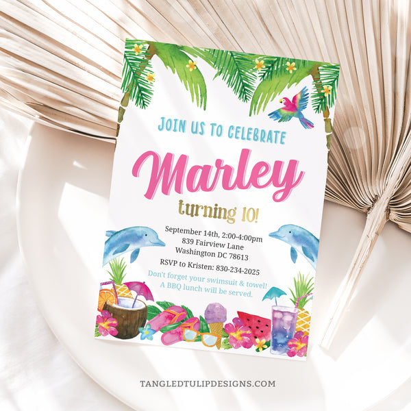 Tropical Birthday invitation for girls, with dolphins, pineapples, sunglasses. Instant Download and Editable in Corjl. By Tangled Tulip Designs.