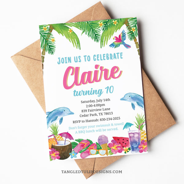 An editable Tropical Summer birthday invitation for girls with palm trees, dolphins, ice creams, pineapple, sunglasses and more! Invitation template to edit in Corjl. By Tangled Tulip Designs.
