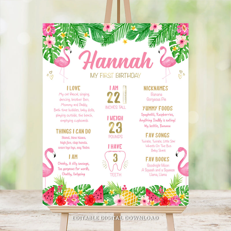 A Tropical Flamingo First Birthday Milestones poster featuring charming pink flamingos, lush tropical leaves, flowers, and fruits in a pretty watercolor design with elegant gold accents. Instant Download and Editable in Corjl. By Tangled Tulip Designs.