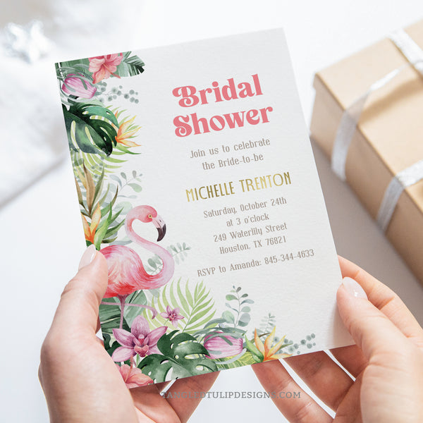 A Tropical theme Bridal Shower invitation in a pretty watercolor flowers and flamingos, and gold accents. Instant Download and Editable in Corjl. By Tangled Tulip Designs.