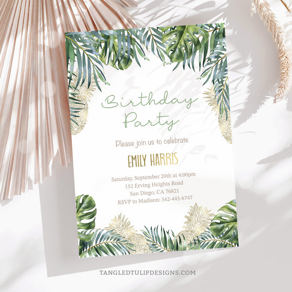 An elegant tropical Birthday party invitation for a woman, in a pretty bohemian tropical design, with watercolor tropical leaves and gold pineapple accents. Instant Download and Editable in Corjl. By Tangled Tulip Designs.