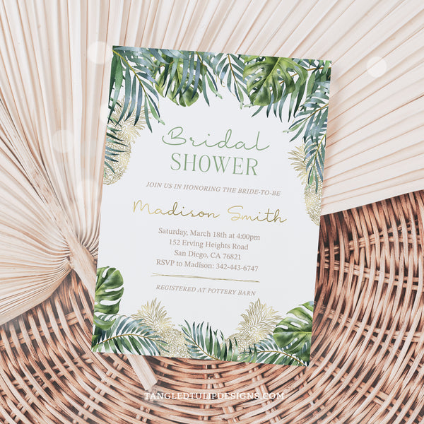 A Bridal Shower invitation with tropical leaves and gold pineapples in a fresh, modern design. Instant Download and Editable in Corjl. By Tangled Tulip Designs.